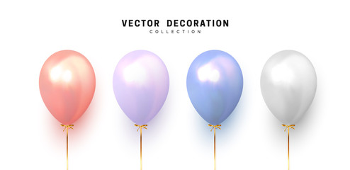 Poster - Balloon isolated on white background. Holiday element design realistic baloon with gold ribbon and bow