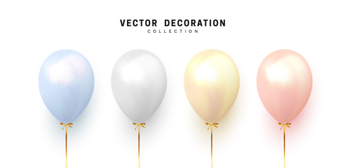 Poster - Balloon isolated on white background. Holiday element design realistic baloon with gold ribbon and bow