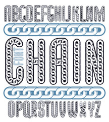 Fototapete - Vector condensed, tall font. Trendy typescript can be used in art creation. Upper case decorative letters created using metal connected chain link.