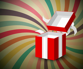 Sticker - Open Red Paper Gift Box with Silver Bow on Retro Background