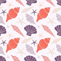 Wall Mural - Seamless pattern with seashells and starfish on a light background