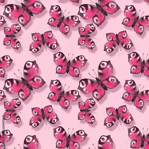 Seamless pattern with pink butterflies. Artistic background