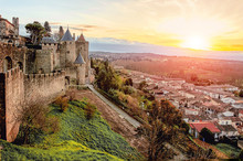 Carcassonne. France . Beautiful Sunset Landscape In The Famous City In France.