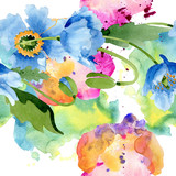 Fototapeta Pokój dzieciecy - Blue poppy floral botanical flower. Watercolor background illustration set. Seamless background pattern.