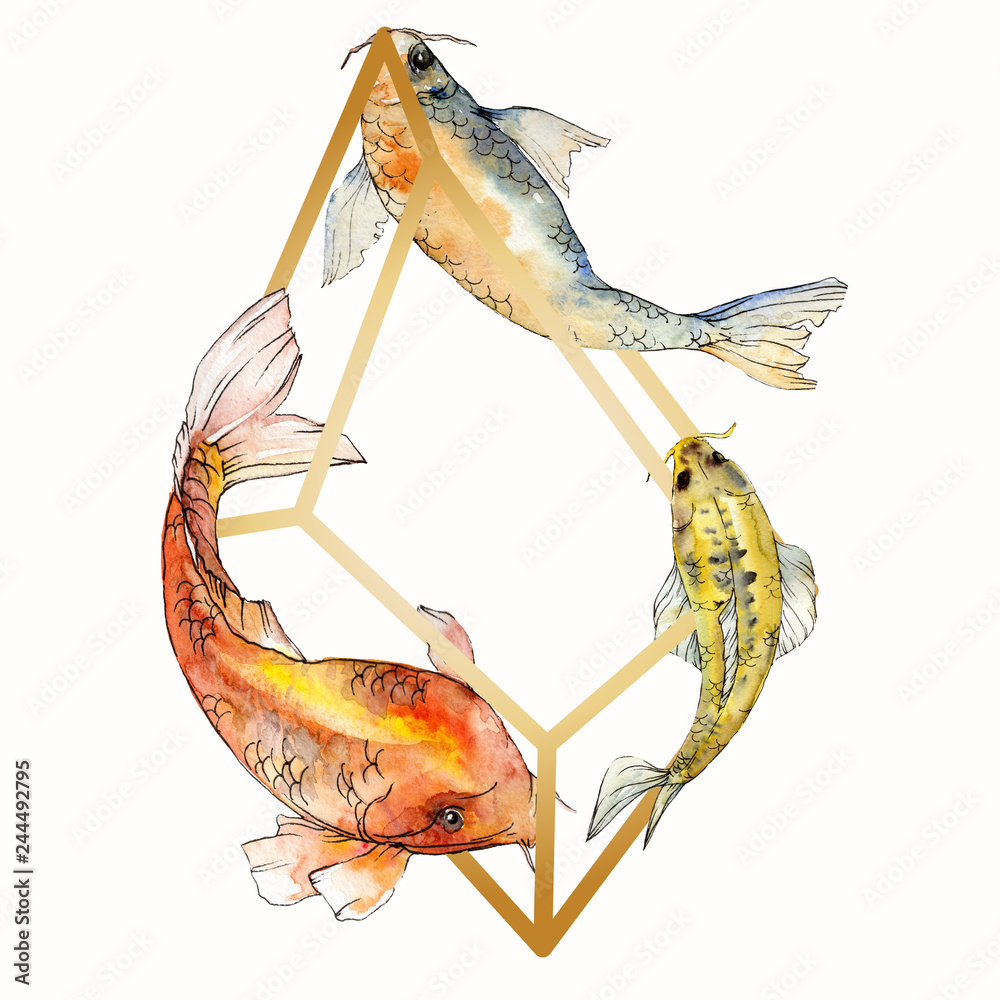 Fish Square Border Frame Watercolor aquatic underwater tropical fish set. Red sea and exotic ...