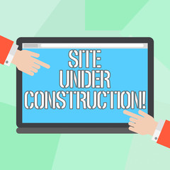Fototapete - Conceptual hand writing showing Site Under Construction. Business photo showcasing Implies something is being built for the first time Hu analysis Hands Pointing on a Blank Color Tablet Screen
