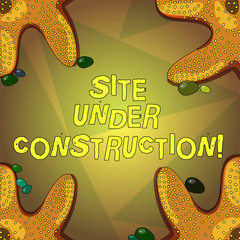 Fototapete - Word writing text Site Under Construction. Business concept for Implies something is being built for the first time Starfish photo on Four Corners with Colorful Pebbles for Poster Ads Cards