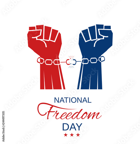 Fotografía National Freedom Day white poster with hands in chains