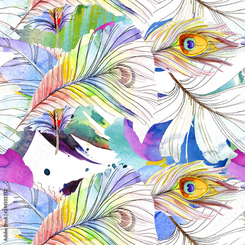 Stoffe zum Nähen Bunter Vogelfeder vom Flügel isoliert. Aquarell Zeichnung Mode Aquarell isoliert. Nahtlose Hintergrundmuster.