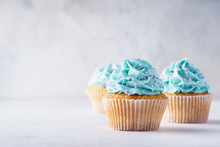 Vanilla Cupcakes With Blue Frosting Decorated With Sprinkles.