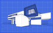 © korisbo - 3d rendering sketch of modern cozy house with garage for sale or rent. Graphics black line sketch with white spot on blueprint background