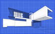© korisbo - 3d rendering sketch of modern cozy house with garage for sale or rent. Graphics black line sketch with white spot on blueprint background