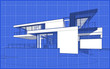 © korisbo - 3d rendering sketch of modern cozy house with garage for sale or rent. Graphics black line sketch with white spot on blueprint background
