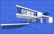 © korisbo - 3d rendering sketch of modern cozy house with garage for sale or rent. Graphics black line sketch with white spot on blueprint background