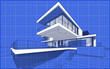 © korisbo - 3d rendering sketch of modern cozy house with garage for sale or rent. Graphics black line sketch with white spot on blueprint background