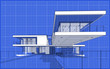 © korisbo - 3d rendering sketch of modern cozy house with garage for sale or rent. Graphics black line sketch with white spot on blueprint background
