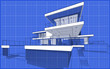 © korisbo - 3d rendering sketch of modern cozy house with garage for sale or rent. Graphics black line sketch with white spot on blueprint background