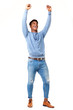 © mimagephotos - Full body cheerful young black man with arms raised against isolated white background