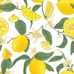 Aufkleber - Seamless pattern with lemons, whole and cut into pieces, flowers and leaves on white background. Backdrop with citrus fruits. Natural vector illustration in elegant vintage style for wrapping paper.