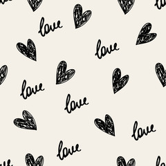 Wall Mural - Doodle Valentines Day background seamless pattern with cute hearts and word love. Vector illustration.