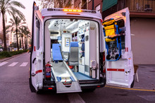 Valencia, Spain - January 14, 2019: Interior of an ambulance with all its new material while paramedic are out in an emergency.