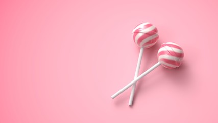 two sweet striped pink and white lollipops on stick on bright pink background