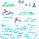 Fototapeta Konie - Set of tropical islands, sailing ship and exotic palm trees. Landscape with palm trees, islands, beach, sailing ship and ocean brush hand drawn style.