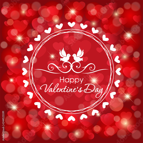 Round frame with birds, hearts and greeting phrases. Red background with hear...