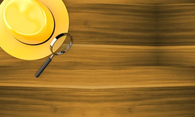 Poster - Detective hat and magnifying glass on wooden background