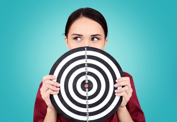 Sticker - Beautiful businesswoman portrait holding round target of darts