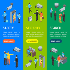 Poster - Security System People and Equipment 3d Banner Vecrtical Set Isometric View. Vector