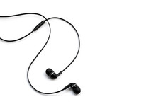 Earphones Headset. In-ear Headphones. Vacuum Wired Black Headphones For Listening To Music And Sound On Portable Devices: Music Player, Smartphone, Laptop On A White Background. Ear Plugs.