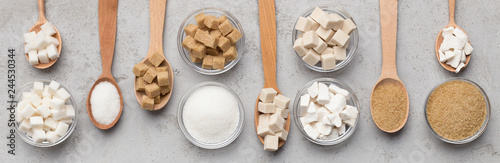 Fotografía Collection of different kinds of sugar on gray background