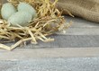 Stone Grey decoration eggs with straw on burlap over wooden background