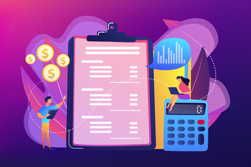 Poster - Financial analysts doing income statement with calculator and laptop. Income statement, company financial statement, balance sheet concept. Bright vibrant violet vector isolated illustration