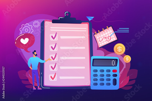 Fotografía Financial analyst planning at checklist on clipboard, calculator and calendar