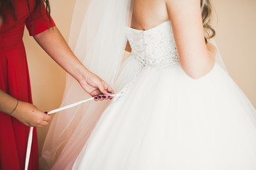 Beautiful bride wearing fashion wedding dress with feathers with luxury delight make-up and hairstyle, studio indoor photo shoot