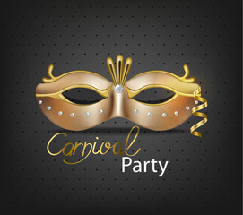 Carnival luxury golden mask Vector realistic. Stylish Masquerade Party. Mardi Gras card invitation. Night Party Poster. Dance Flyer. Musical festival banner templates