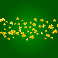 Wall Mural - Clover background for Saint Patricks Day. Lucky trefoil confetti. Glitter frame of shamrock leaves. Template for voucher, special business ad, banner. Decorative clover background.