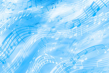 Cheerful, Blue Background On A Musical Theme With The Image Of Notes And Stave. Bright Abstract Background Of Colored Strips.