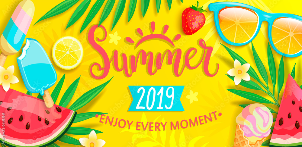 Summer banner with symbols for summertime such as ice cream,watermelon,strawberries,glasses.Hand drawn lettering for template card, wallpaper,flyer,invitation, poster,brochure.Vector illustration - obrazy, fototapety, plakaty 