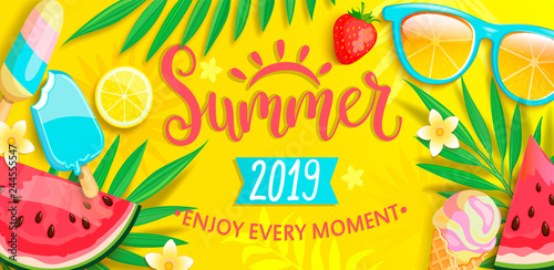 Summer Banner With Symbols For Summertime Such As Ice Cream Watermelon Strawberries Glasses Hand Drawn Lettering For Template Card Wallpaper Flyer Invitation Poster
