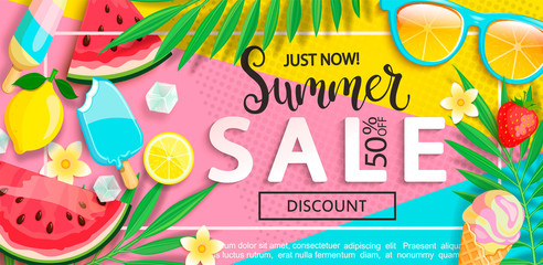 Wall Mural - Super sale banner with symbols for summer time such as ice cream,watermelon,strawberries,glasses.Vector illustration of discount template card, wallpaper,flyer,invitation, poster,brochure,voucher.