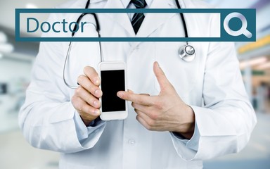 Poster - Close-up of male Doctor pointing at smartphone