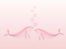 Couple Whale Kissing With Heart Flowing Create By Transparent Pink Color Line Pattern On Pink Background. In Concept Of Love, Valentines Day. Vector Illustration Design.