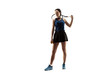 © master1305 - Full length portrait of young woman playing tennis isolated on white background. Healthy lifestyle. The practicing, fitness, sport, exercise concept. The female model in motion or movement