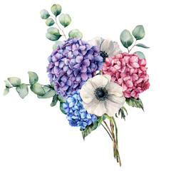 Watercolor elegance bouquet with flowers. Hand painted pink, blue and violet hydrangea, white anemone with eucalyptus leaves and branch isolated on white background. Botanical illustration for design