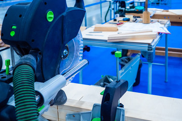 Poster - Carpentry workshop. Circular saw for wood. Carpenter services. Woodworking Machine. Making furniture to order. Furniture shop.