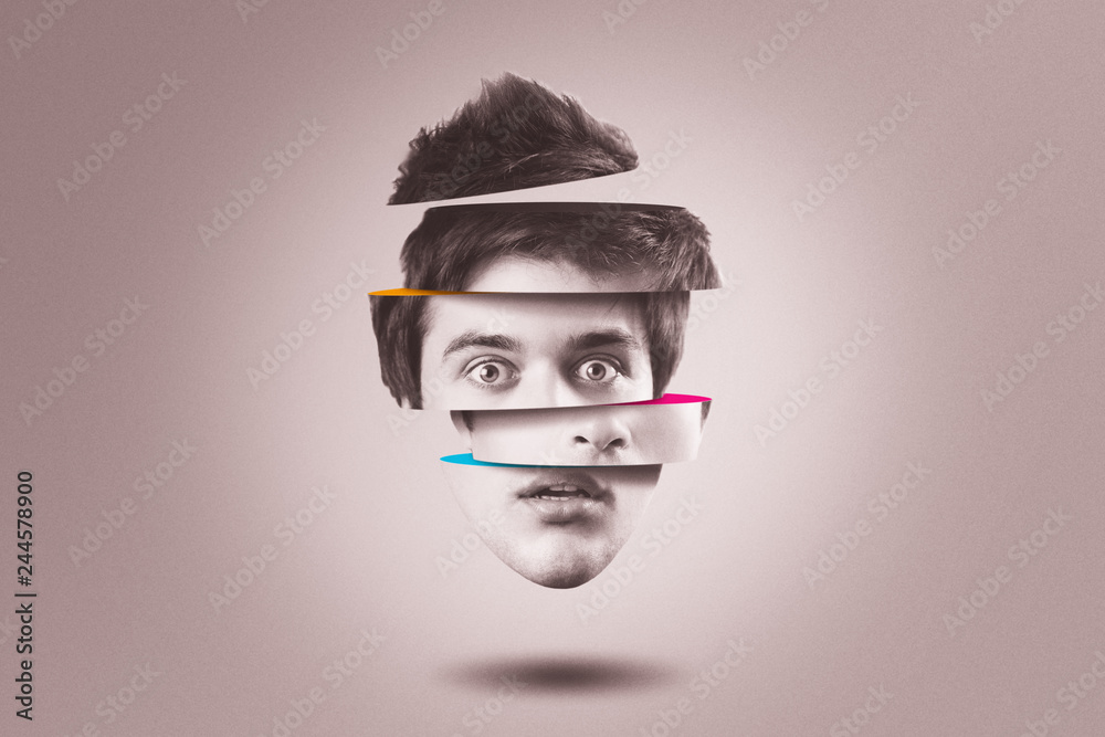 Split personality concept. Isolated cutout head of person with mental health disorder - obrazy, fototapety, plakaty 