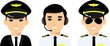 Set of people aviation professions, avatar pilot, captain, and airline staff. Group of flat cute cartoon face of aircraft characters in air uniform.